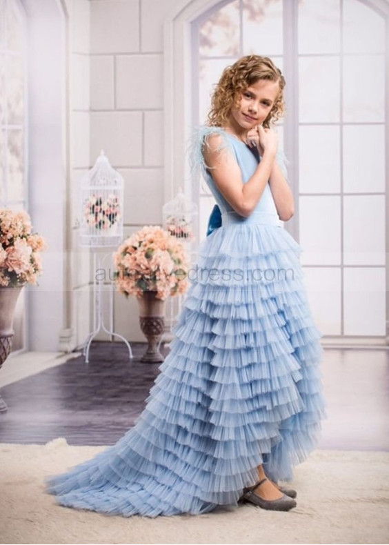 Blue Ruffled Tulle Feather Flower Girl Dress